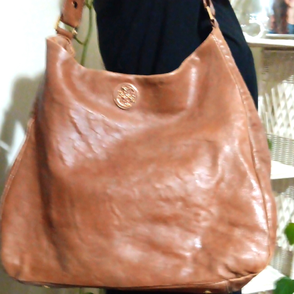 Tory Burch Hobo Bag Vtg w Dust Bag & Mirror Leather Monogram EUC